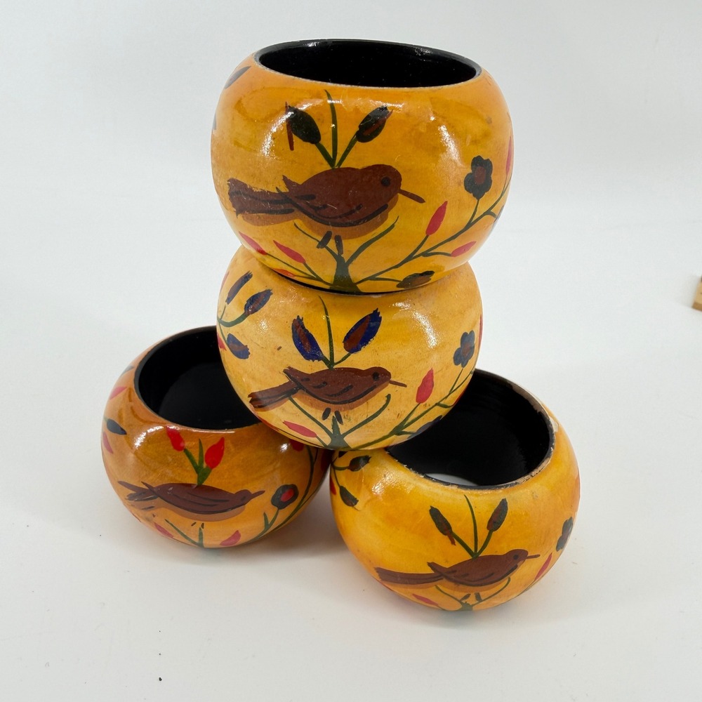 Vintage Hand Painted Wood Napkin Rings Set of 4 Yellow Bird Folk Art Floral